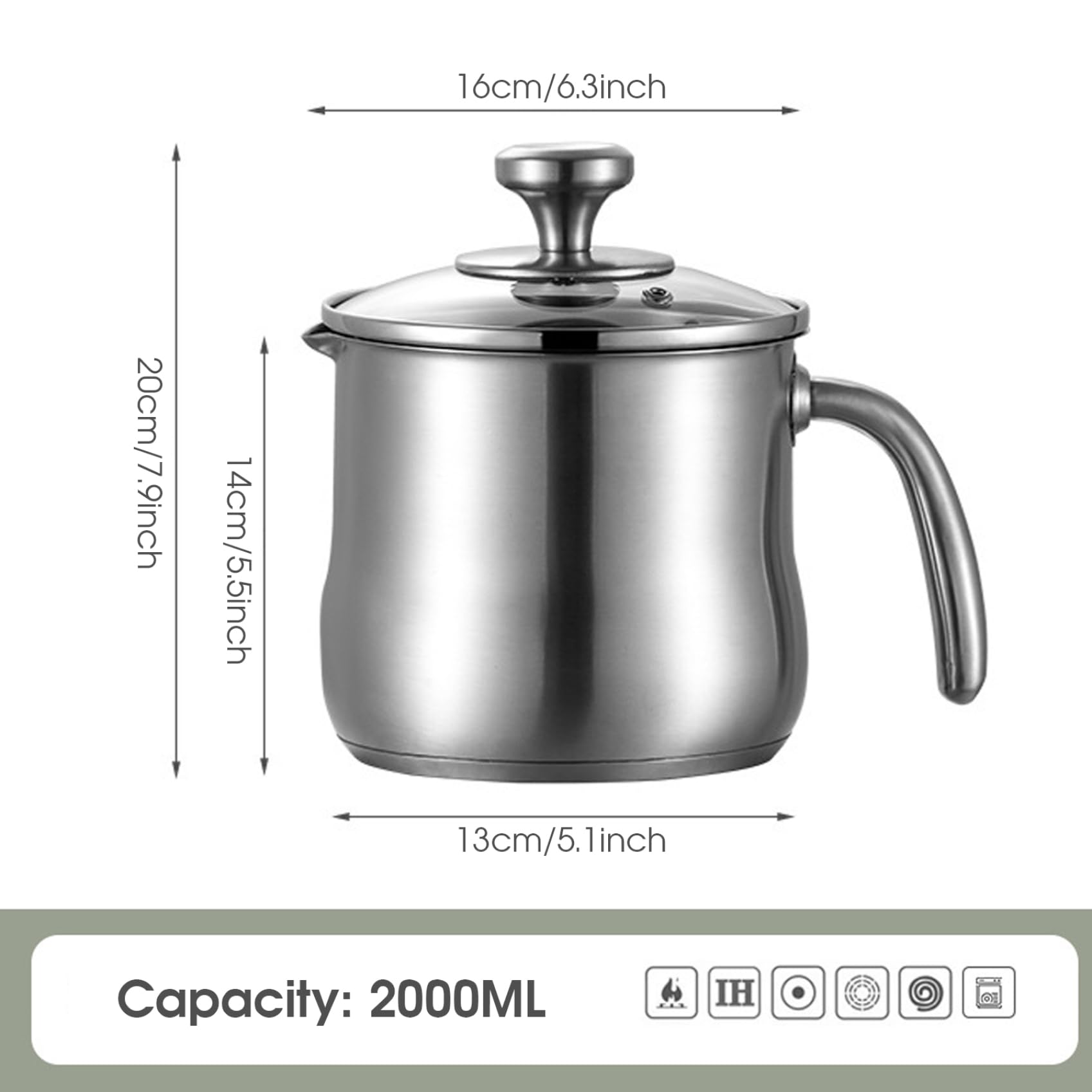 Edelstahl-Kochtopf, 2 l, Milchtopf zum Kochen von Milch, Soße, Soßen, Nudeln, Nudeln, mit Ausgießer, Glasdeckelgriff