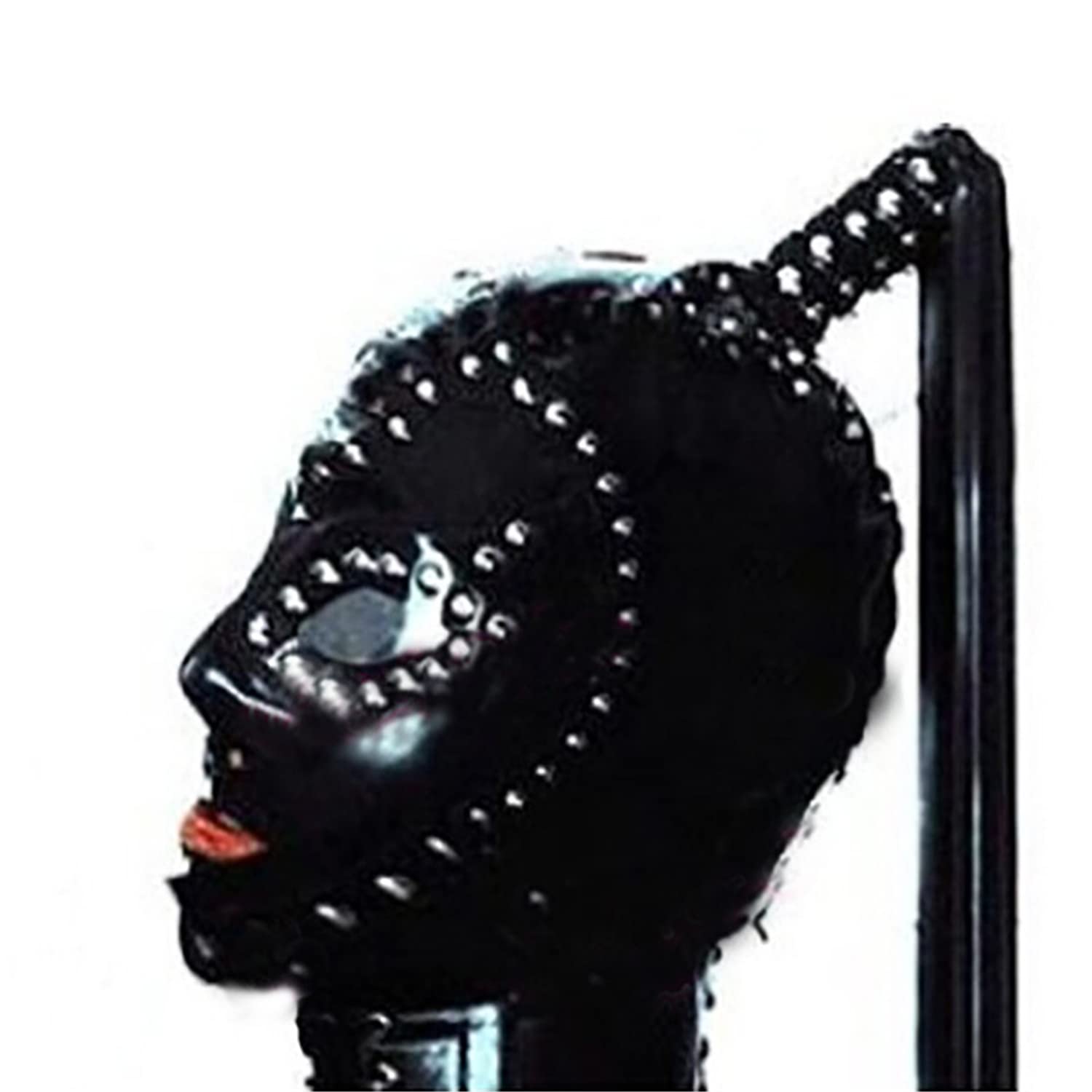 Black Latex Hood with Transparent Plastic Eye Lens and Black Latex Ponytail Wig Rubber Mask Cosplay Club Wear