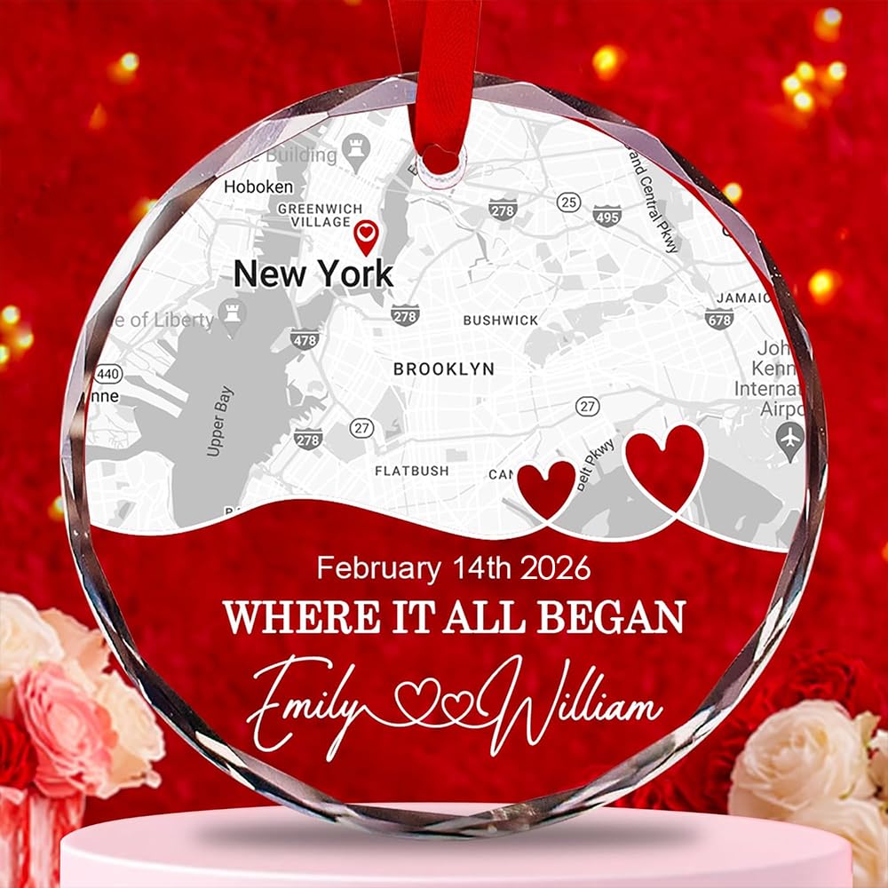 Personalized Location Map Engaged Crystal Ornament - Customize Romantic Place First Met Where It All Began Glass Ornament As Valentine Gifts, Gift for Him Her Boyfriend Girlfriend Couple Or Loved One