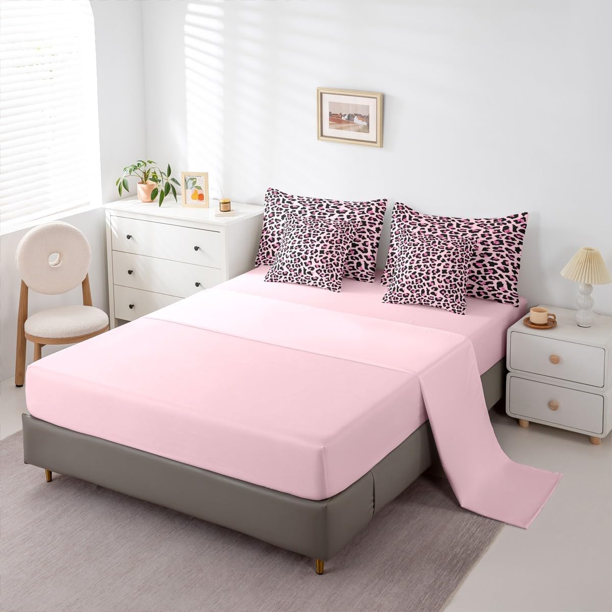jejeloiu Leopard Fur Print Comforter Set with Sheets 7 Piece Queen Size Safari Cheetah Bedding Set for Kids Boys Girls Animal Print Pink Bed in a Bag Room Decor Soft Lightweight Microfiber