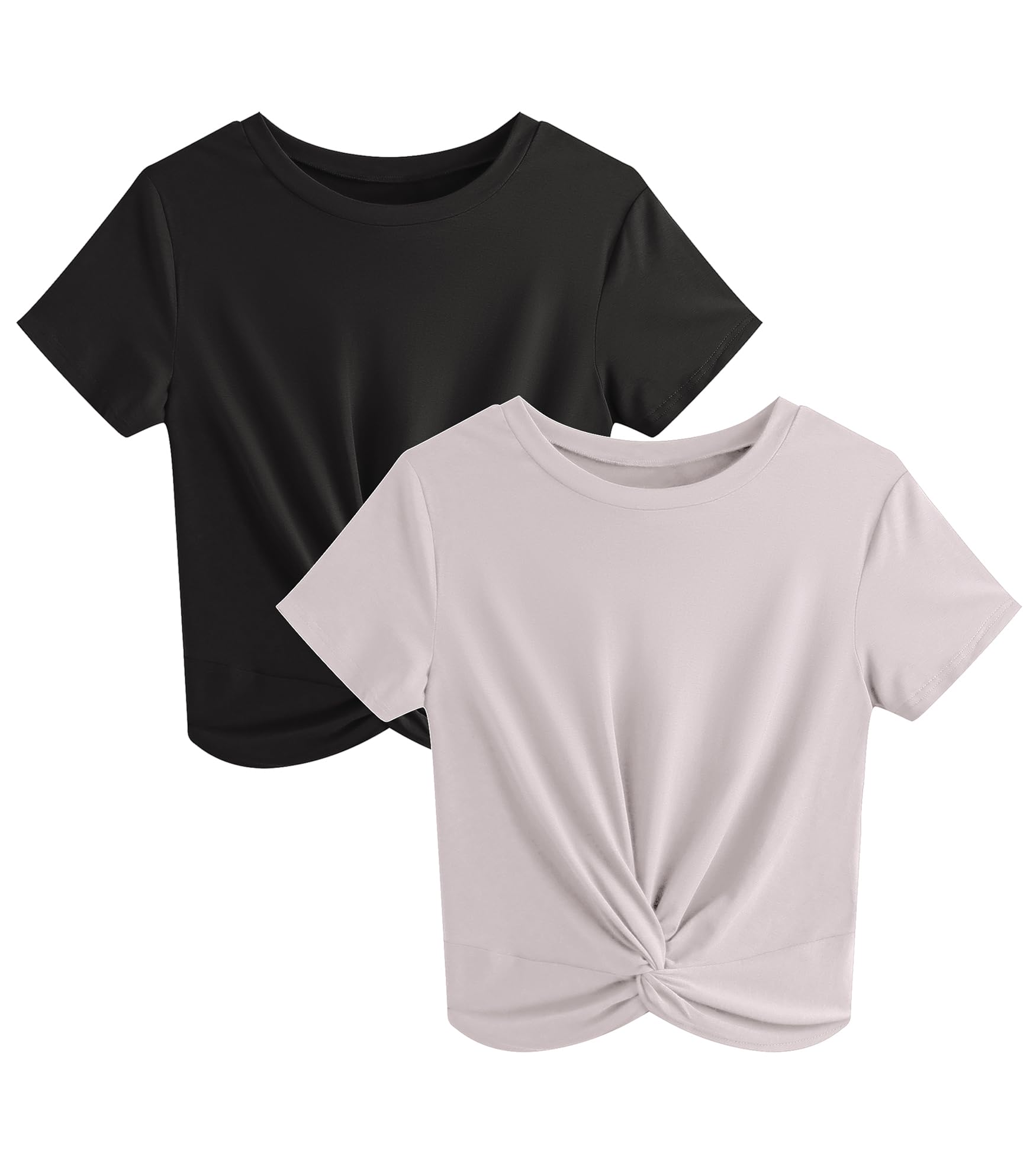 JINKESI Women's 2 Pack T-Shirts Summer Crop Tops Causal Crew Neck Short Sleeve Twist Front Tee T-Shirt