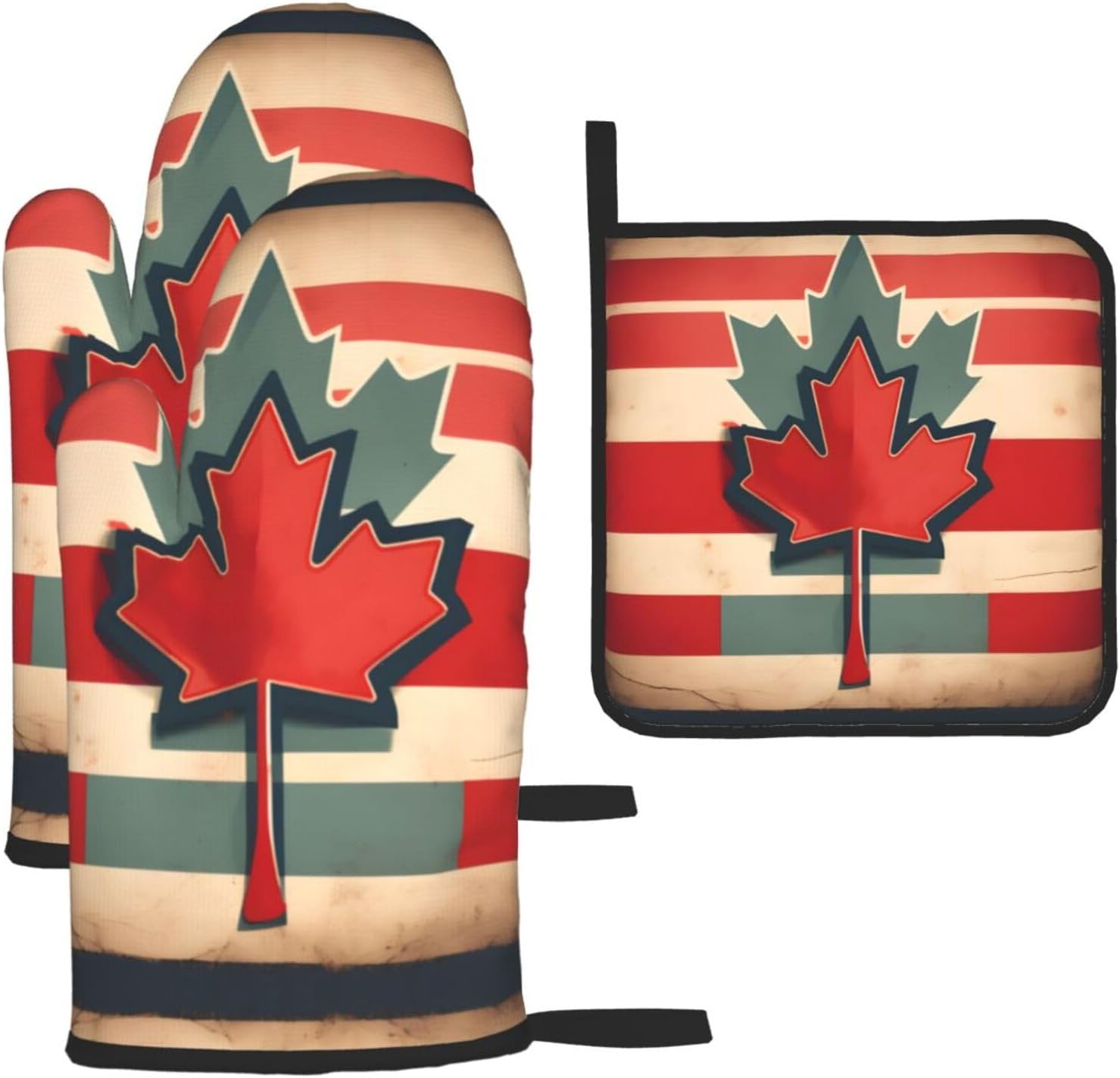 Retro Canada Flag Pattern Print Heat Resistant Microwave Gloves, Used for Baking, Cooking, and Fashion Kitchen Essentials