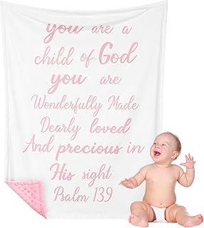 Rtteri Christian Gift for Baby Plush Baby Blanket with Dotted Backing First Communion Gift Baptism Blanket Scripture Swaddle Bible Verse for Newborn Boy Girl Christening Godchild Gift(Pink and White)