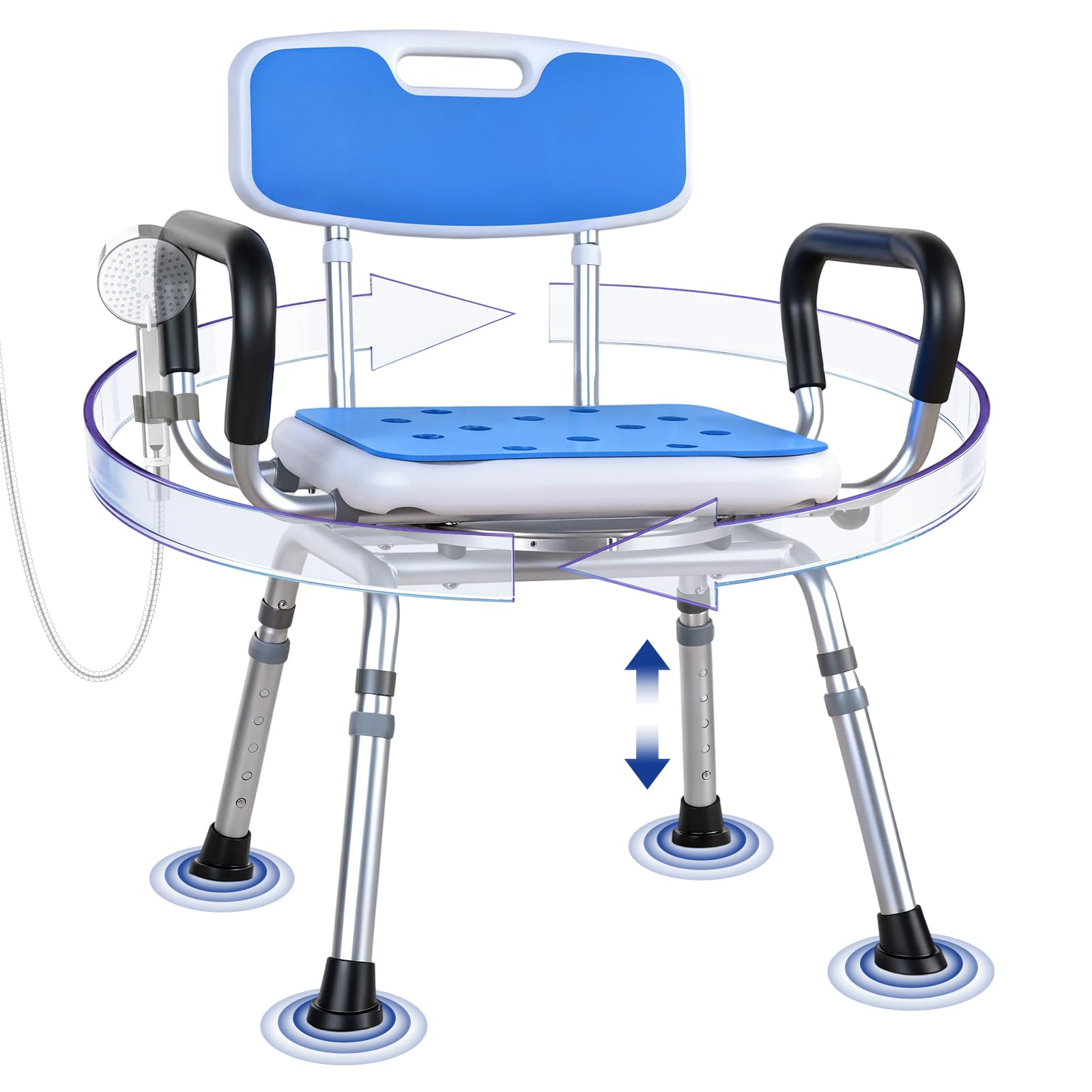 Silla de ducha giratoria de lujo con brazos y respaldo de 360°, asiento de bloqueo de 360°, altura ajustable de 5 niveles, silla de baño acolchada de alta resistencia, 300 libras, para personas
