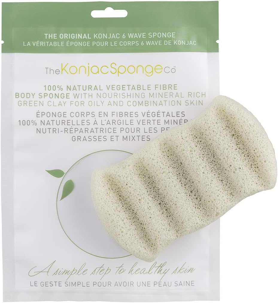 6 Wave Konjac Body Sponge French Green Clay 1 pc by Konjac Sponge Company
