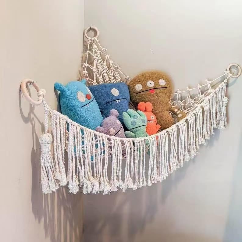 Kuscheltier-Aufbewahrungsnetz – Eckspannnetz Aus Baumwollseil, Mit LED-Lichterkette, Boho-Design, 145x110x110 Cm, Für Kinderzimmer, Schlafzimmer, Weiß
