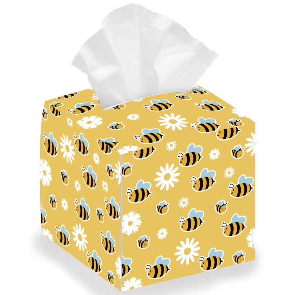 DELORIGIN Bee Daisy Tissue Leather Box Square Tissue Case Cover Foldable Tissue Storage Box Waterproof Paper Towel Case Container Organizer Tissue Holder for Home Bedroom Office Car