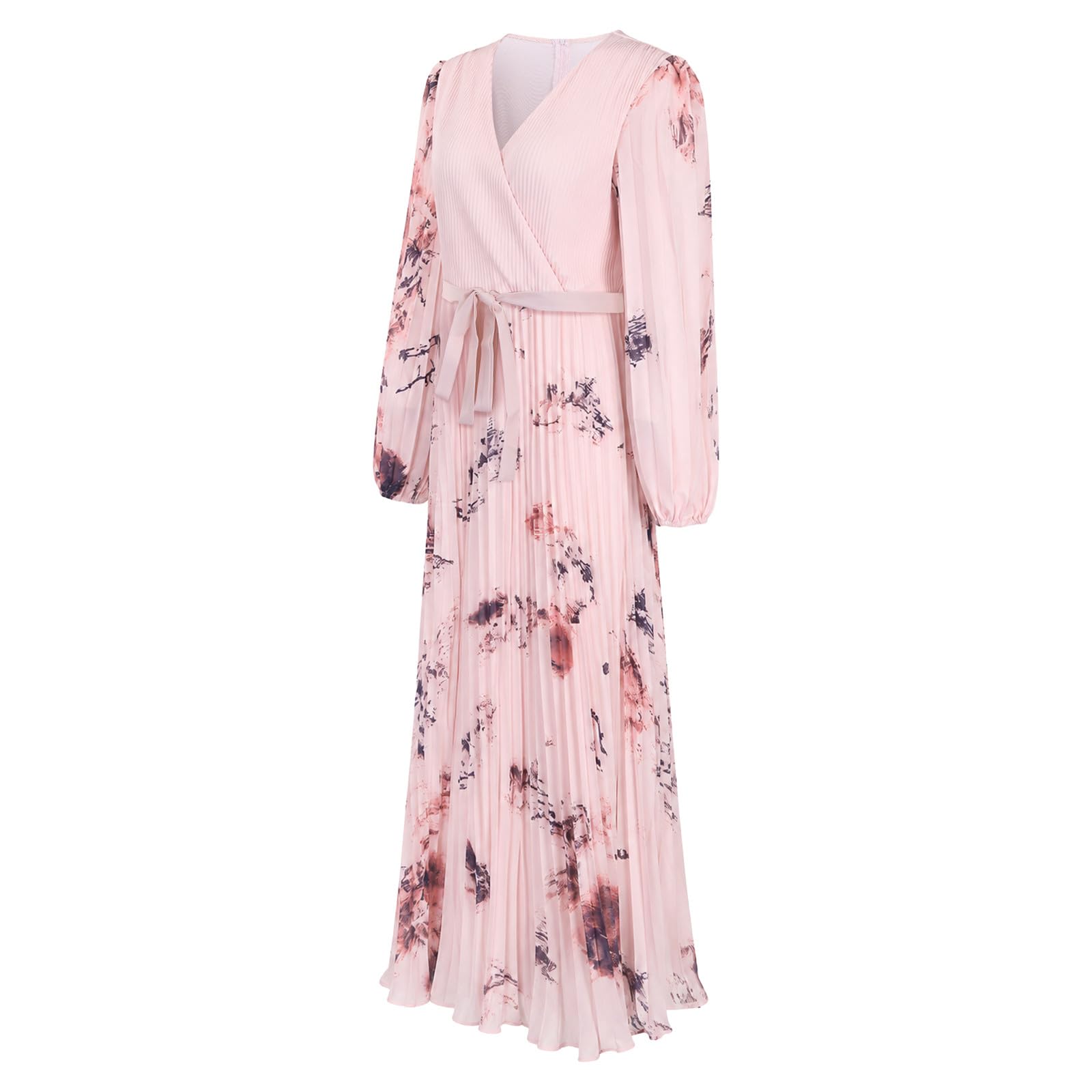 Vestido Plisado de Manga Larga con Cuello y Estampado Floral, Estilo Casual de Verano con un Elegante diseño Fluido.