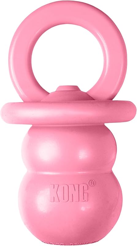 KONG Puppy Binkie, Juguete de dentición de caucho natural, para cachorros medianos, Rosa | Juguete de goma rellenable con forma de chupete que alivia el dolor de encías durante la dentición y contiene golosinas para mantener ocupados a los cachorros