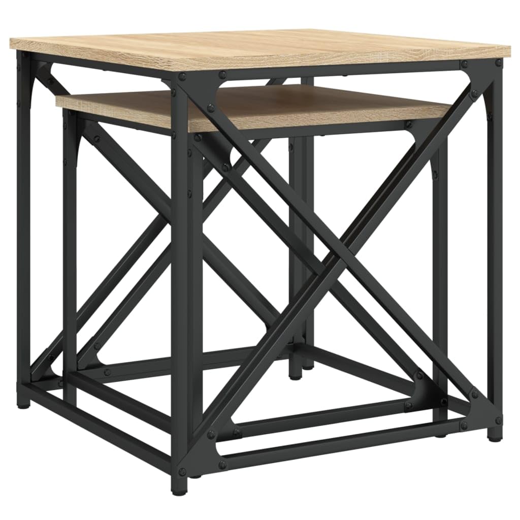 Juego de 2 mesas de café de roble Sonoma, 50 x 50 x 52,5 y 40 x 40 x 44,5 cm, estructura de metal, ahorro de espacio