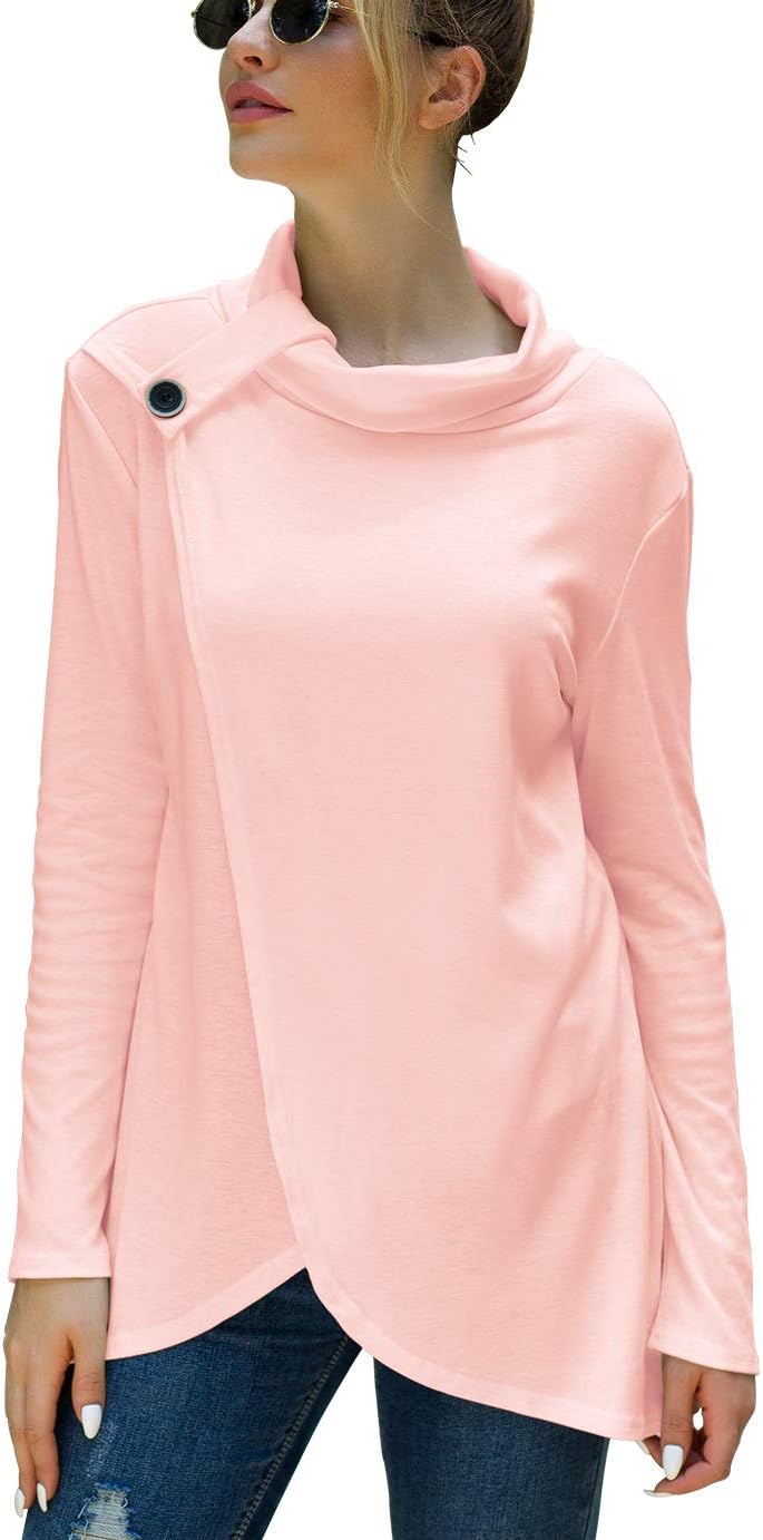 Iandroiy Women's Wrap Shirts Turtleneck Loose Button Lightweight Pullover Tunic Tops