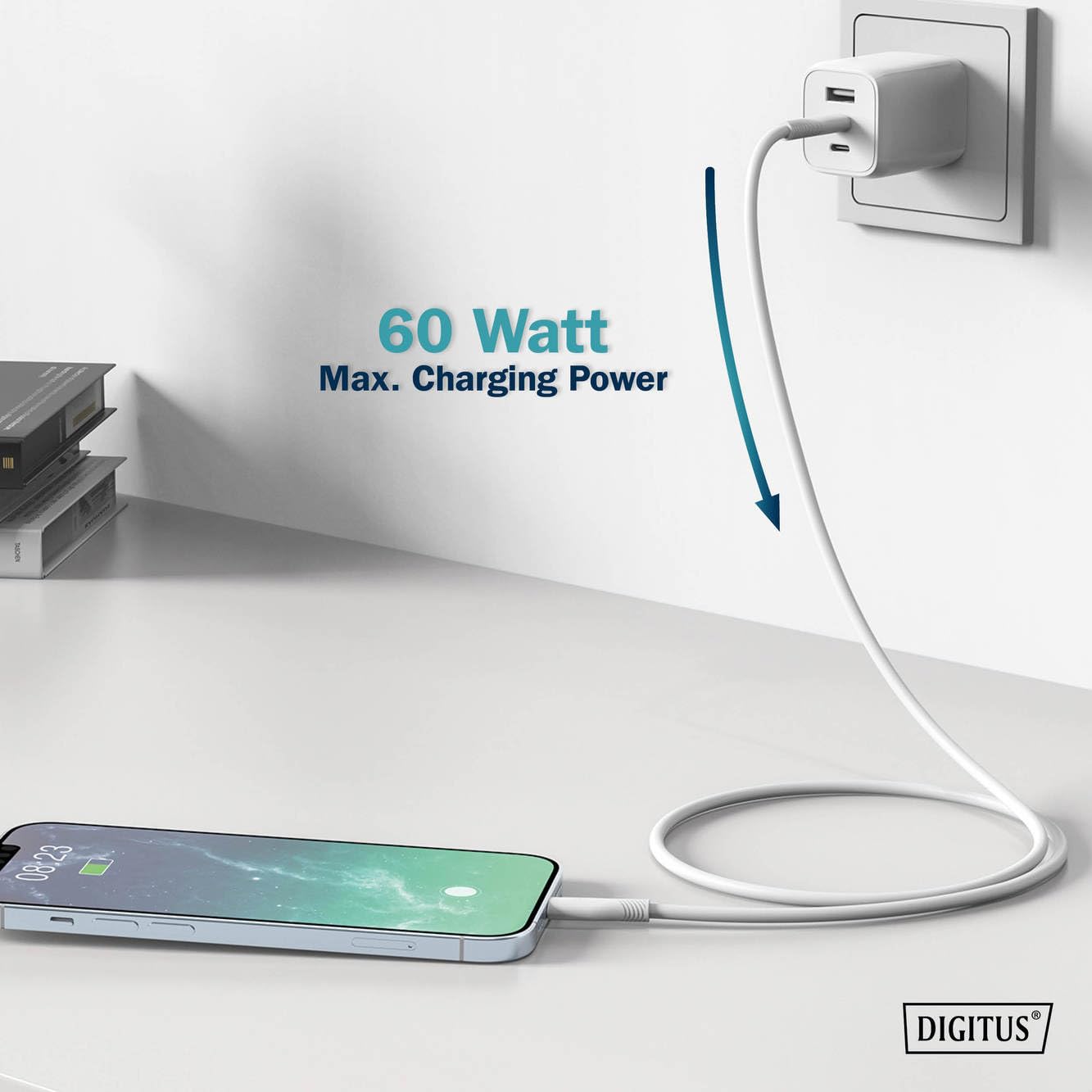 DIGITUS Kabel do ładowania - USB C do Lightning - 0,5 m - Kabel USB 480 Mbit/s 60 W 3 A - Elastyczna silikonowa osłona z zabezpieczeniem przed zginaniem - Certyfikat MFI dla urządzeń Apple - Biały