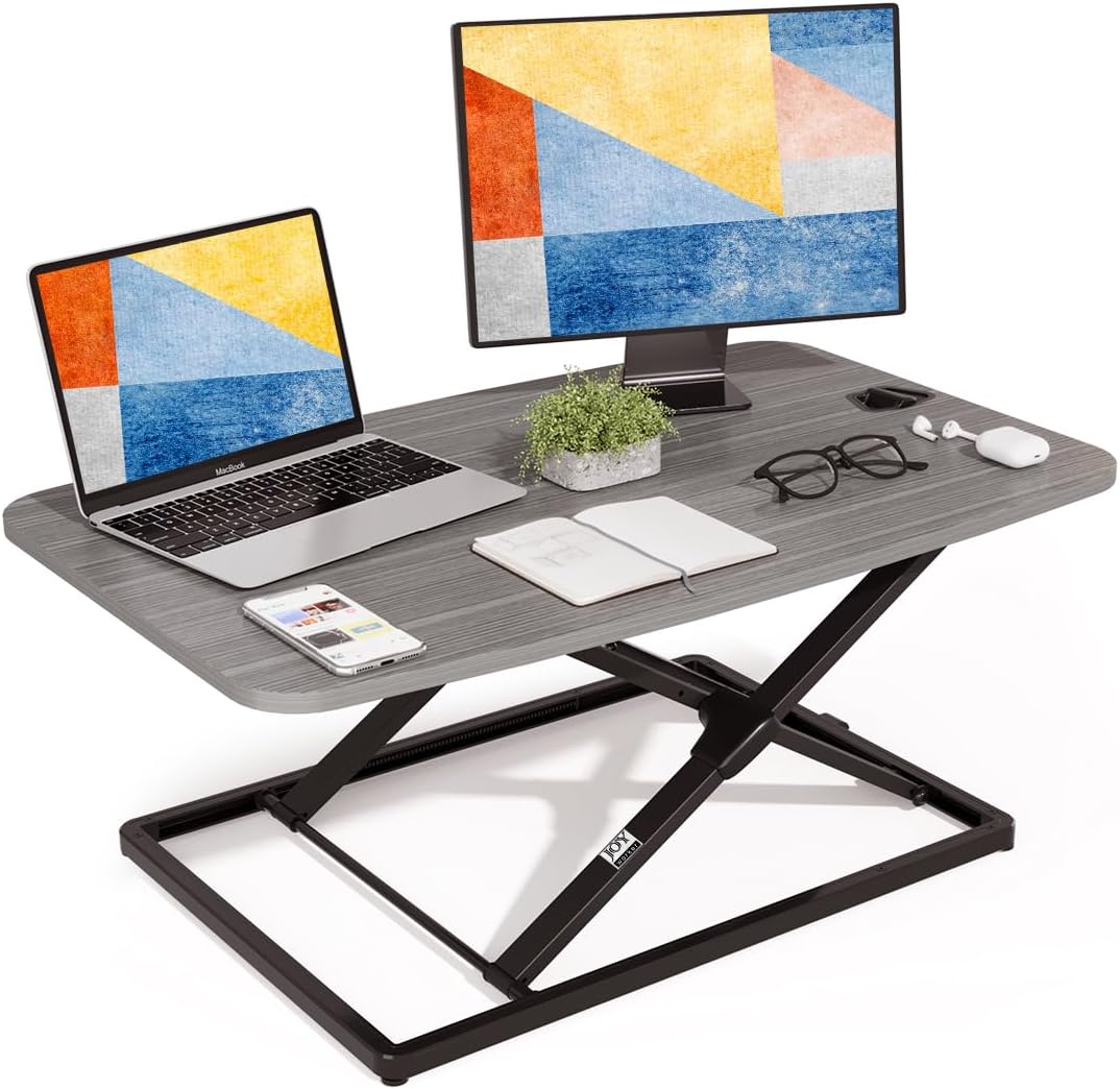 JOY worker Standing Desk Converter, 31 Inch Compact Height Adjustable Stand up Desk Riser, Ultra Low Profile Sit to Stand Workstation for Laptop Riser Workstation, Grey