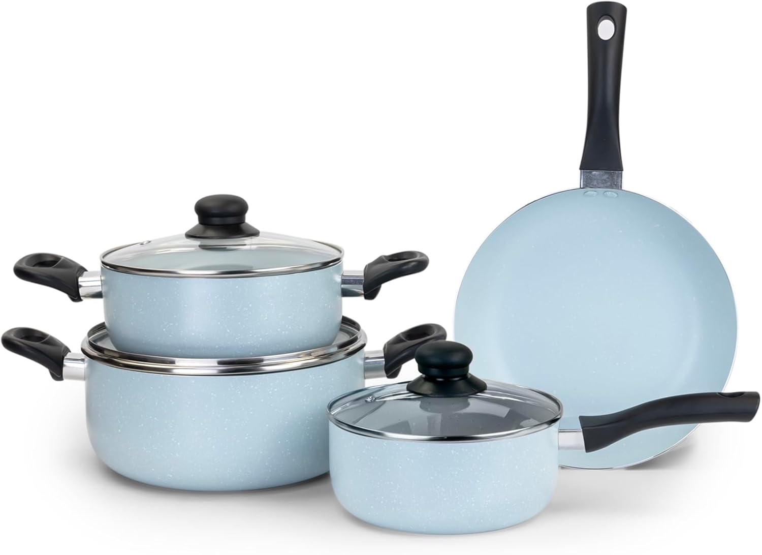 Wilson 7pcs Aluminum Non-Stick Marble Coating Cookware Set – Durable Exterior, Heat Resistant Handles, Tempered Glass Lids – Ideal for Healthy Cooking Light Blue