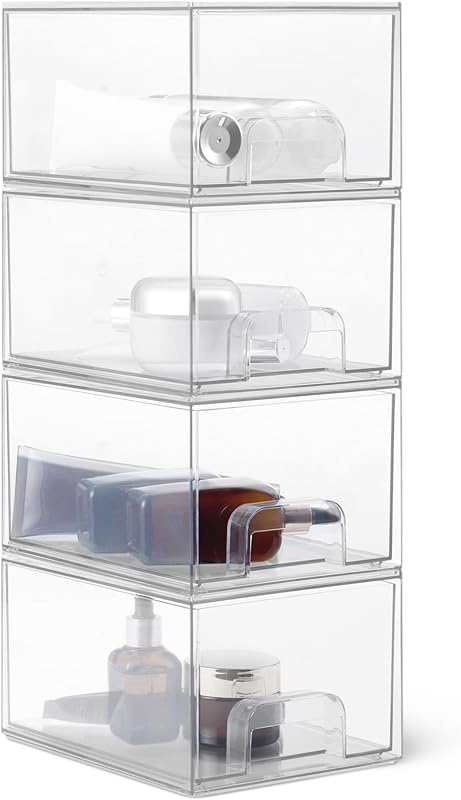 Organizador de maquiagem empilhável com gavetas de plástico transparente Amazon Basics, 20,07 cm x 15,24 cm x 11,43 cm, pacote com 4