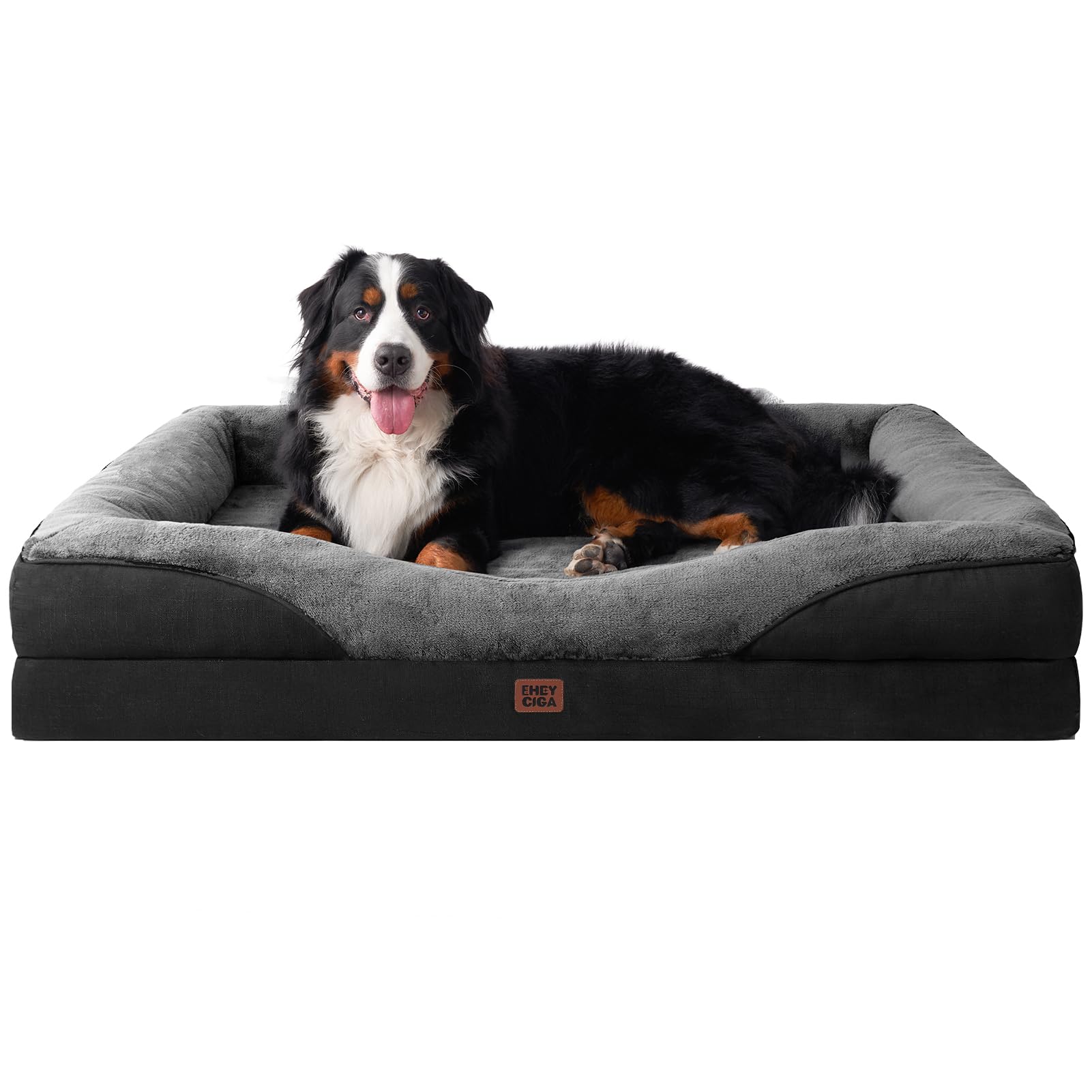 EHEYCIGA Mousse Mémoire Panier Chien XXL Orthopédique, Canapé pour Chien Grande Taille Déhoussable Lavable, Coussin Chiens Antidérapant & Imperméable, 132x104x20 cm Gris foncé/Noir