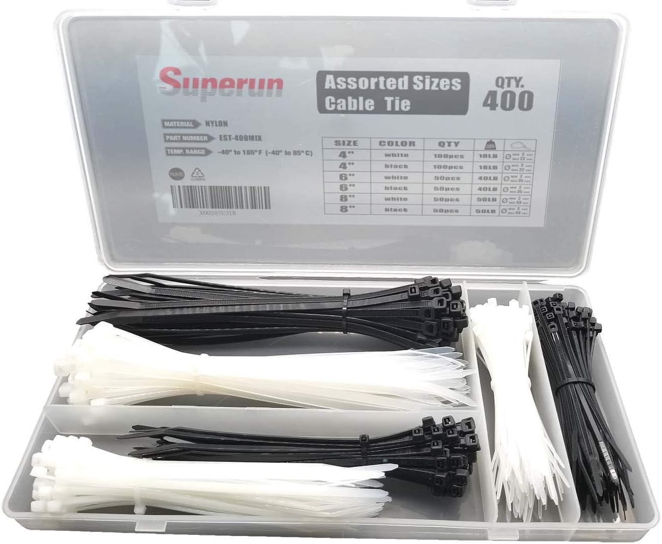 Superun Zip Tie Kit - 400 Pack Zip Ties Assorted Sizes 4 Inch, 6 Inch, 8 Inch Mix Pack in Black & White Wire Ties assortment…