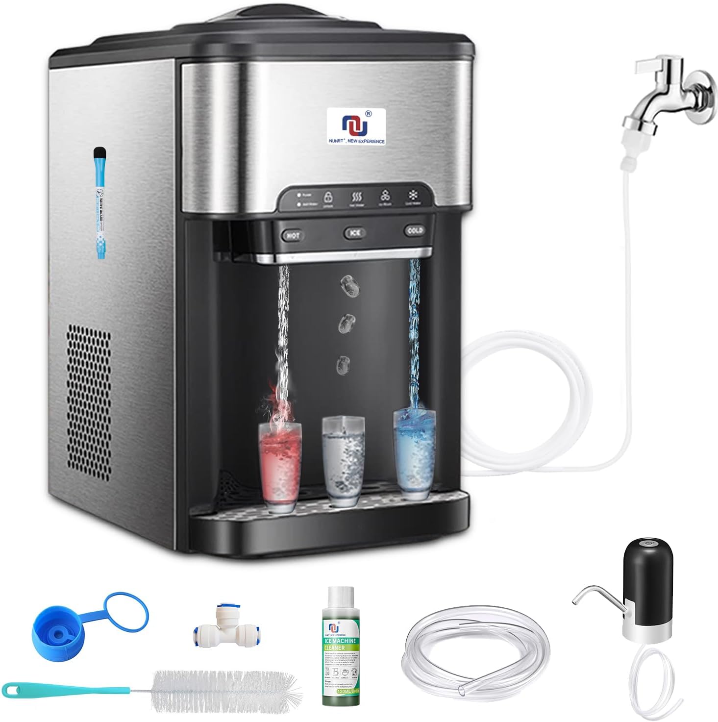 NUNET 3-in-1 Countertop Ice Maker Hot/Cold Water Dispenser Cooler Fill Water Manually or by Water Line,10ft Water Inlet Hose 1/2" &1/4" Connector, Making 44 lbs Ice Daily at 160W, 4lb Ice Storage