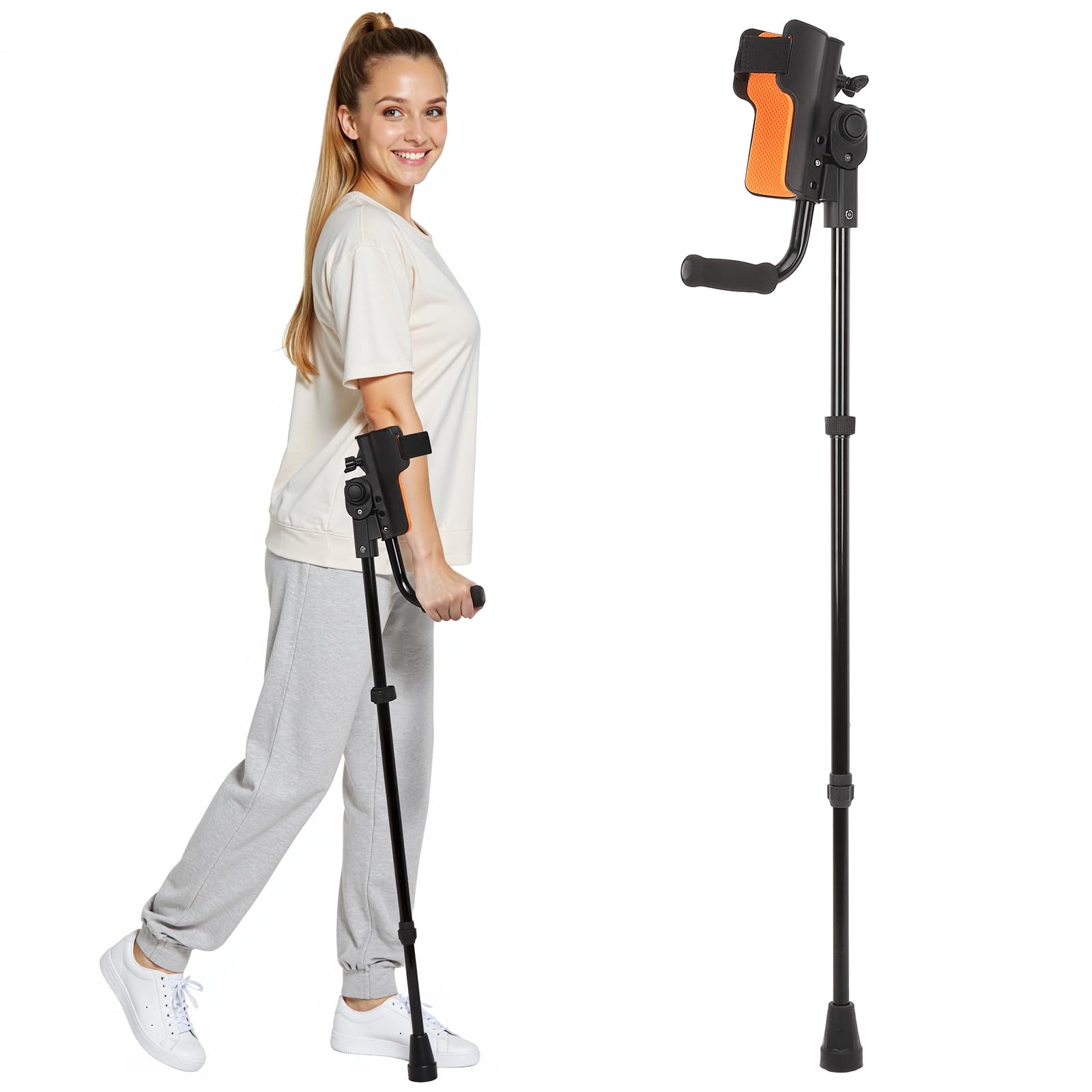 3-Angle Adjustable Forearm Crutches for Adults - Ergonomic Non-Slip Handles with EVA Elbow Support, Foldable Arm Crutches Forearm for Leg Injury, Surgery Recovery, Disabled (Single Unit)