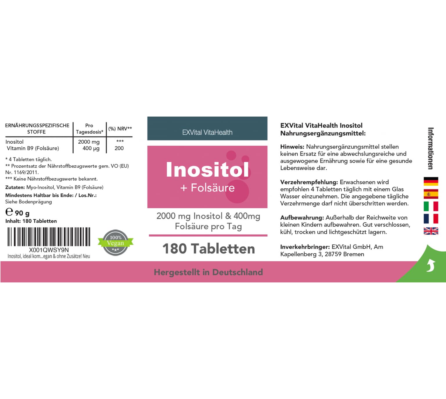 Inositolo, combinato in modo ideale con acido folico, 180 compresse, puro mio-inositolo, ad alto dosaggio: 2000 mg e 400 μg di acido folico al giorno, vegano e senza additivi!
