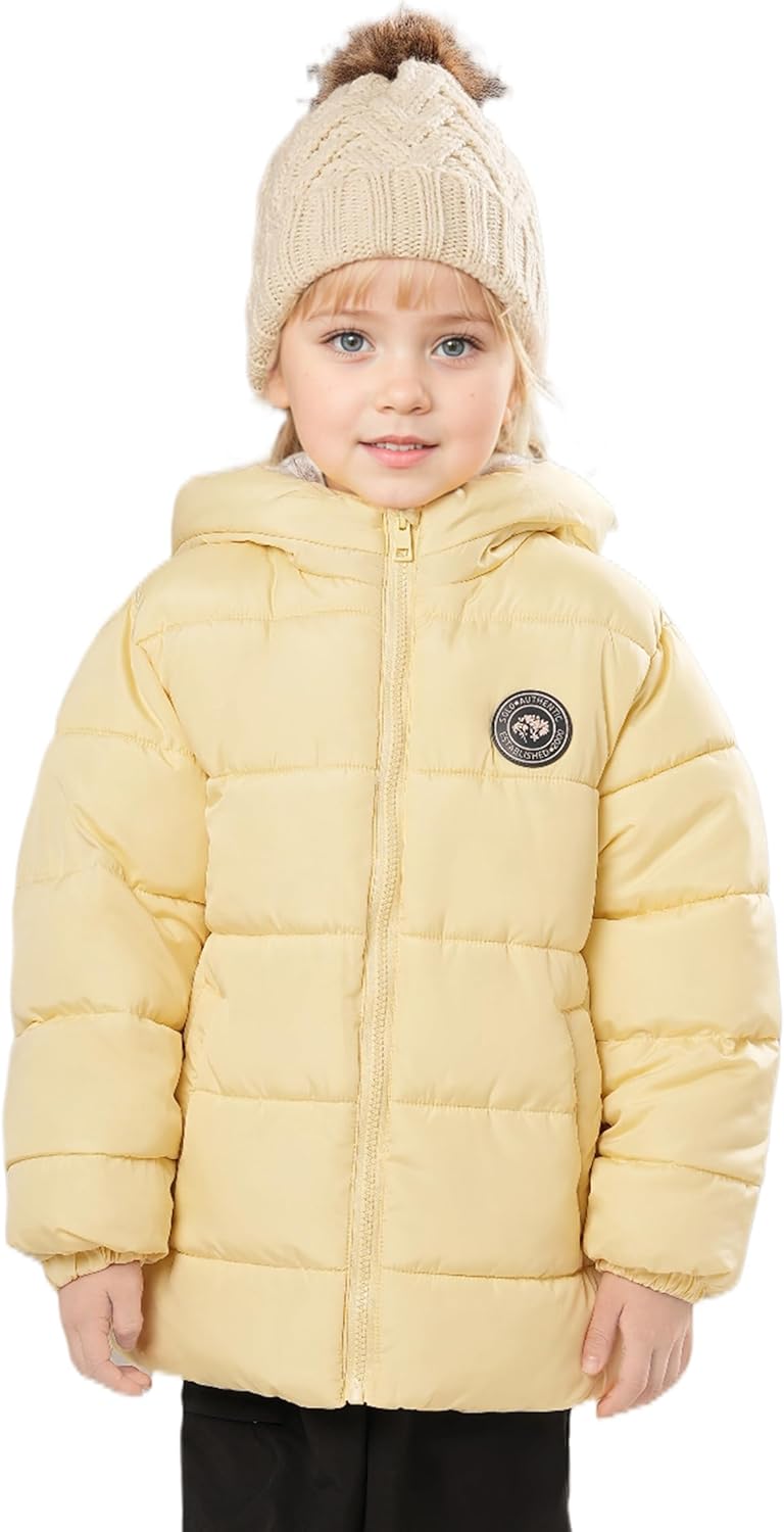 SOLOCOTE Toddler Girls Winter Coat Water Resistant Faux Down Filling Hooded Fleece Lined Little Kids Puffy Jacket