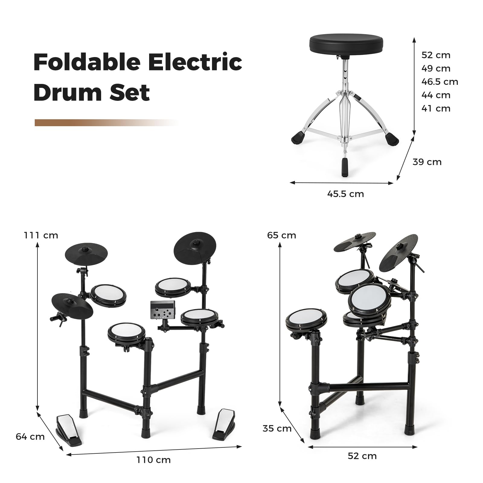 KOMFOTTEU Batteria elettronica con pad, batteria musicale con 150 suoni, 10 dimostrazioni, piatti da 24 cm, strumento musicale con sgabello regolabile, pedali, bacchette e auricolari, USB MIDI