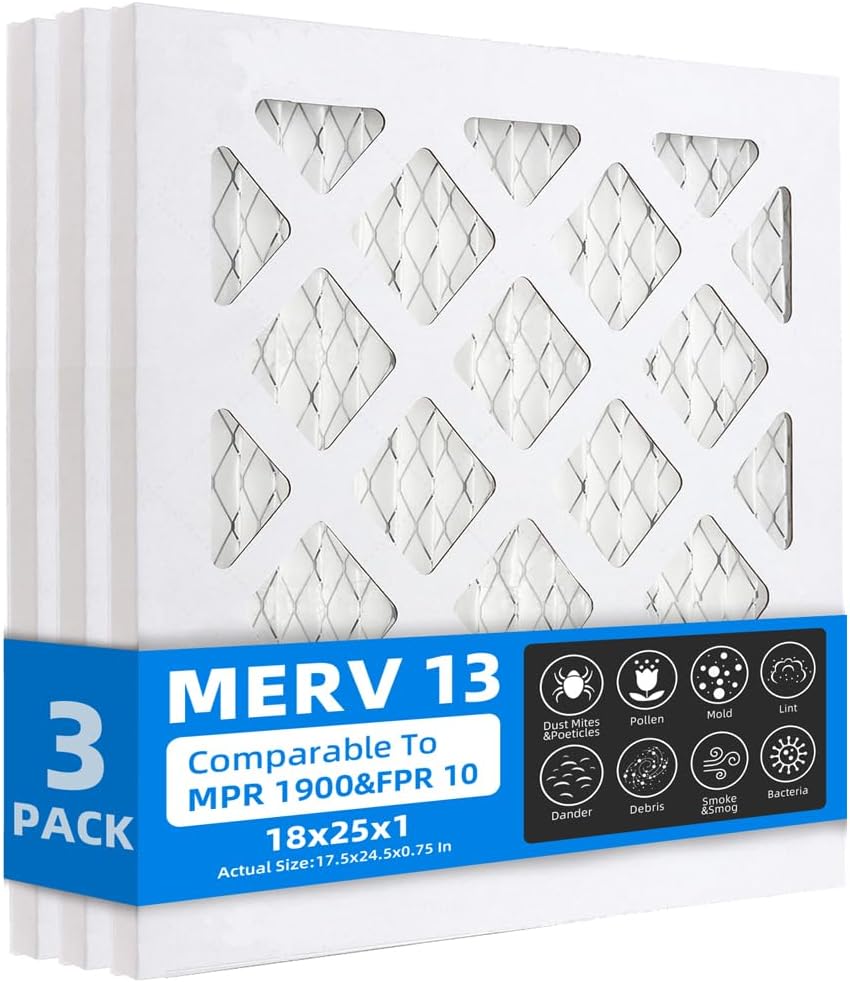 (3-Pack) 18x25x1 Furnace Air Filters, MPR 1900 & FPR 10, MERV 13 Pleated Air Filter (Actual Size: 17.5"x24.5"x0.75")