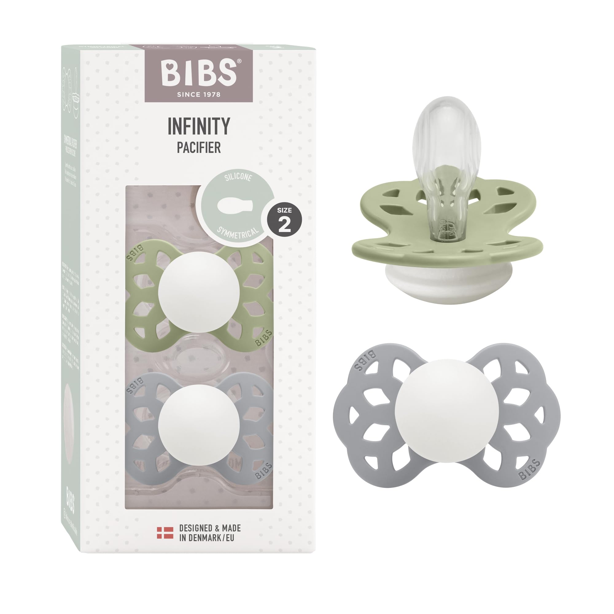 BIBS Infinity Symmetrical Glow in the Dark Soother 2-Pack, BPA Free, Symmetrical Nipple. Silicone, Made in Denmark, Size 2 (6-18 Months), Sage Glow/Cloud Glow