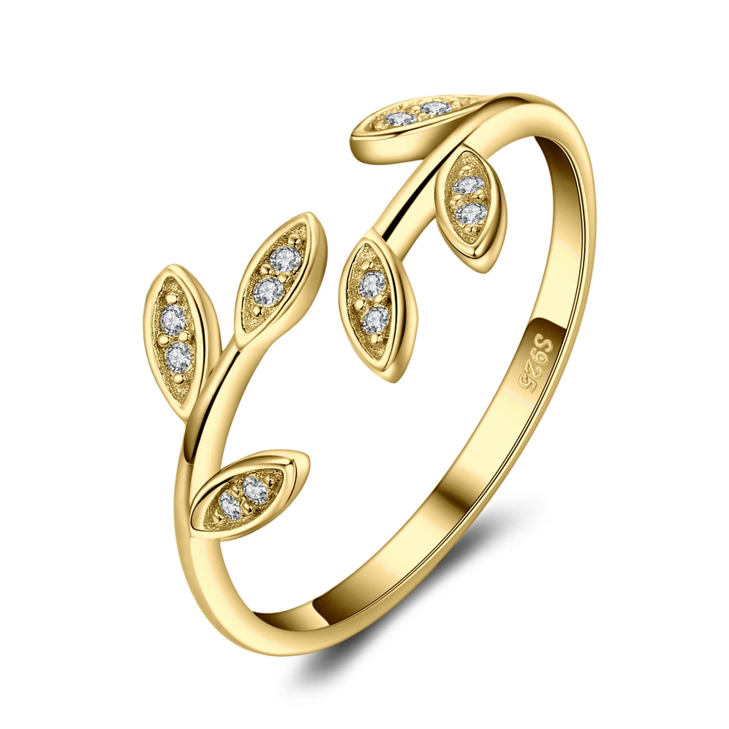 JewelryPalaceAjustable Hoja de Olivo Anillo Mujer Plata Oro 14k Oro Rosa, Jardín Anillo Abierto Sencillo Circonita, Anillo Niña Elegante Piedra Preciosa, Regalo Anillo Promesa Joyas de Mujer