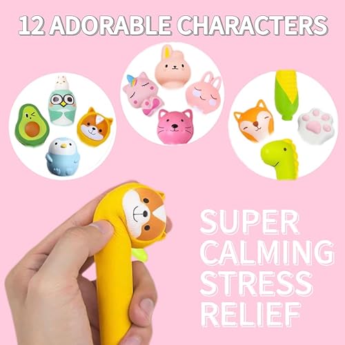 Miniatura 6 de KUNHEHO 12 bolígrafos kawaii con tinta de gel para apretar, animales estacionarios, ideales para aliviar el estrés, lindos bolígrafos de dibujos