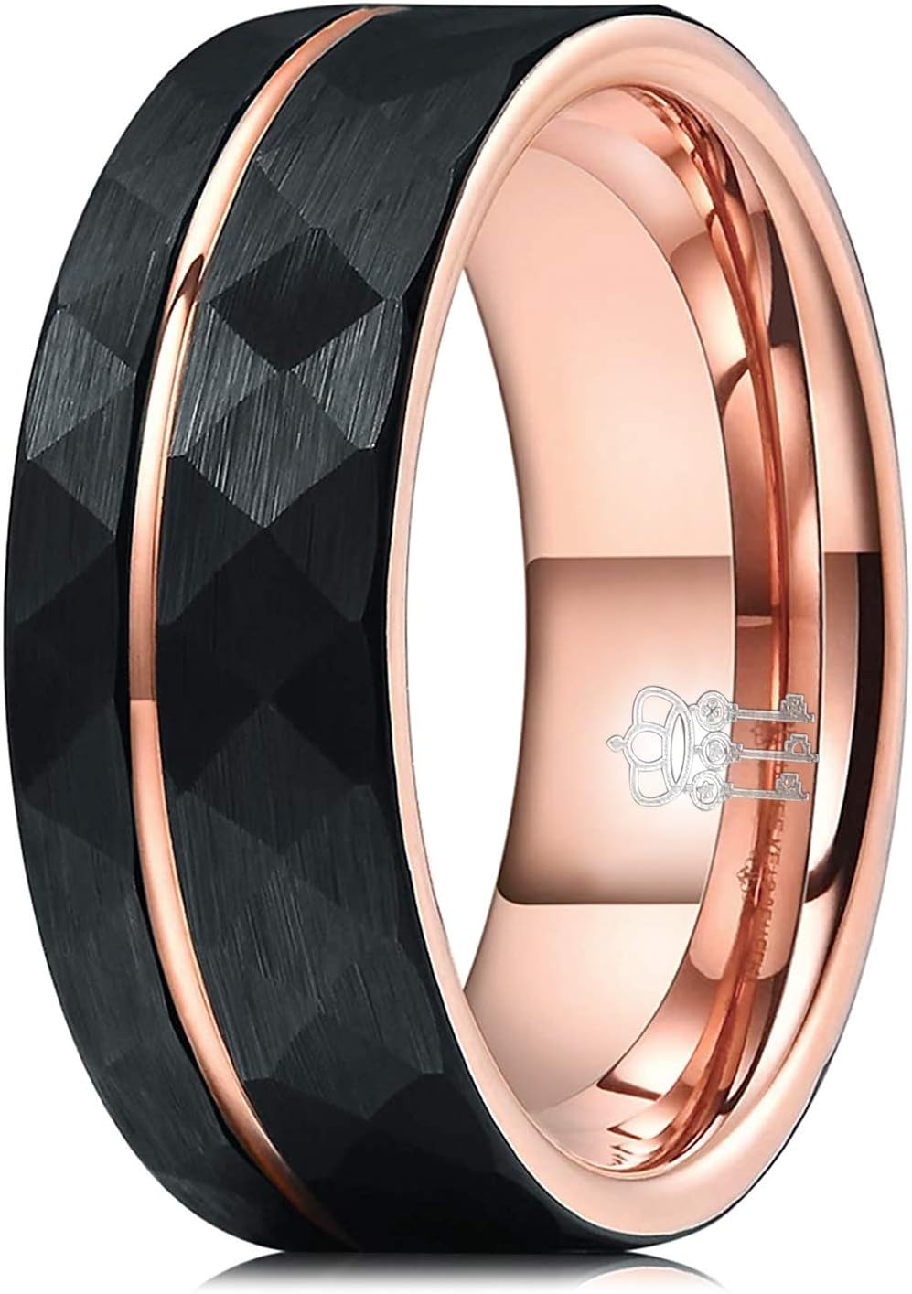 Men Hammered Wedding Bands Tungsten 8mm Carbide Ring with with Rose Gold Interior & Stripe Infinity Unique for Him Black Size 8