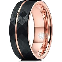 THREE KEYS JEWELRY Mens Womens Black Tungsten Rings 4mm 6mm 8mm Hammered Facet Silver Brushed with Rose Gold Stripe Wedding Bands