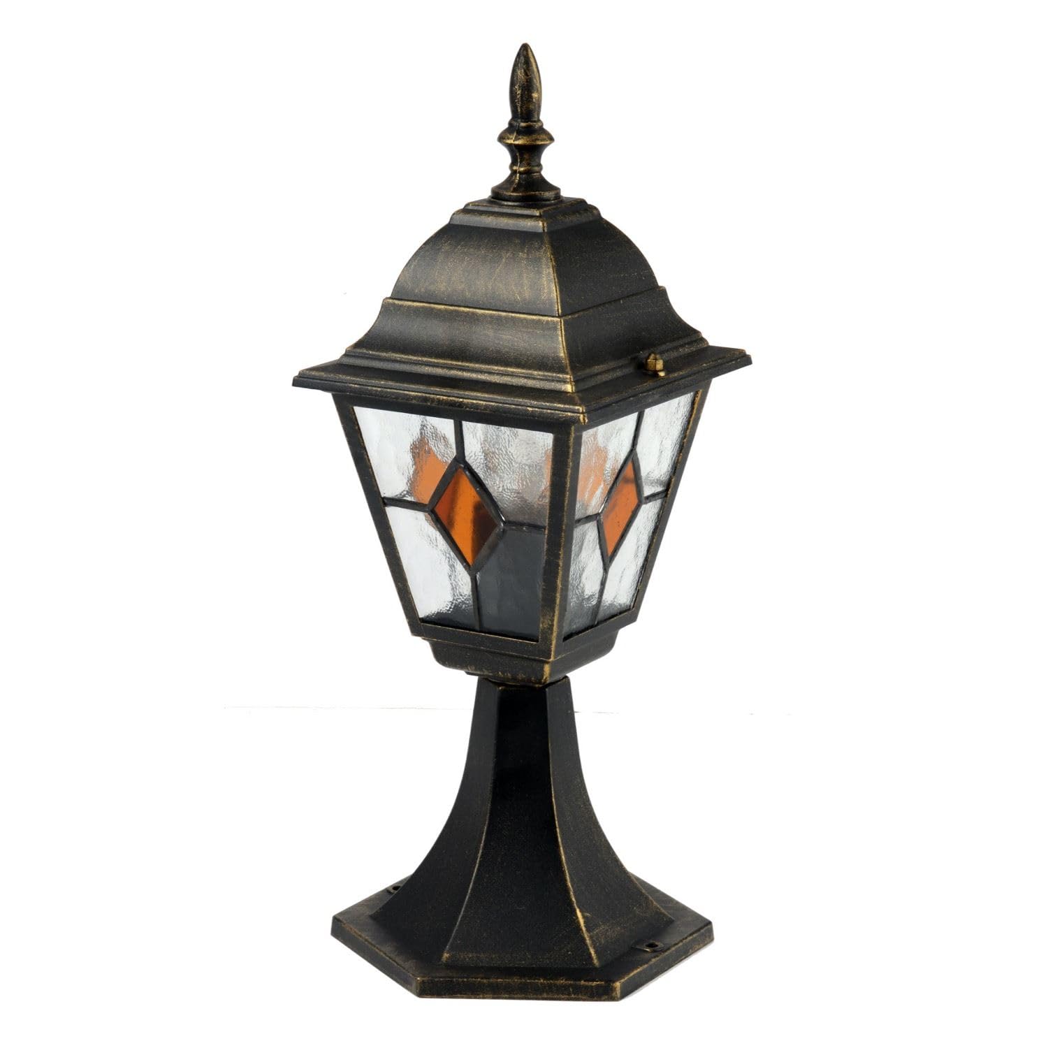 Firstchoicelighting Black & Amber Traditional Black Brushed Gold Outdoor Post Light, Garden Pedestal Light, Lantern Design, Ip44 Rated, Compatible With Led Bulbs