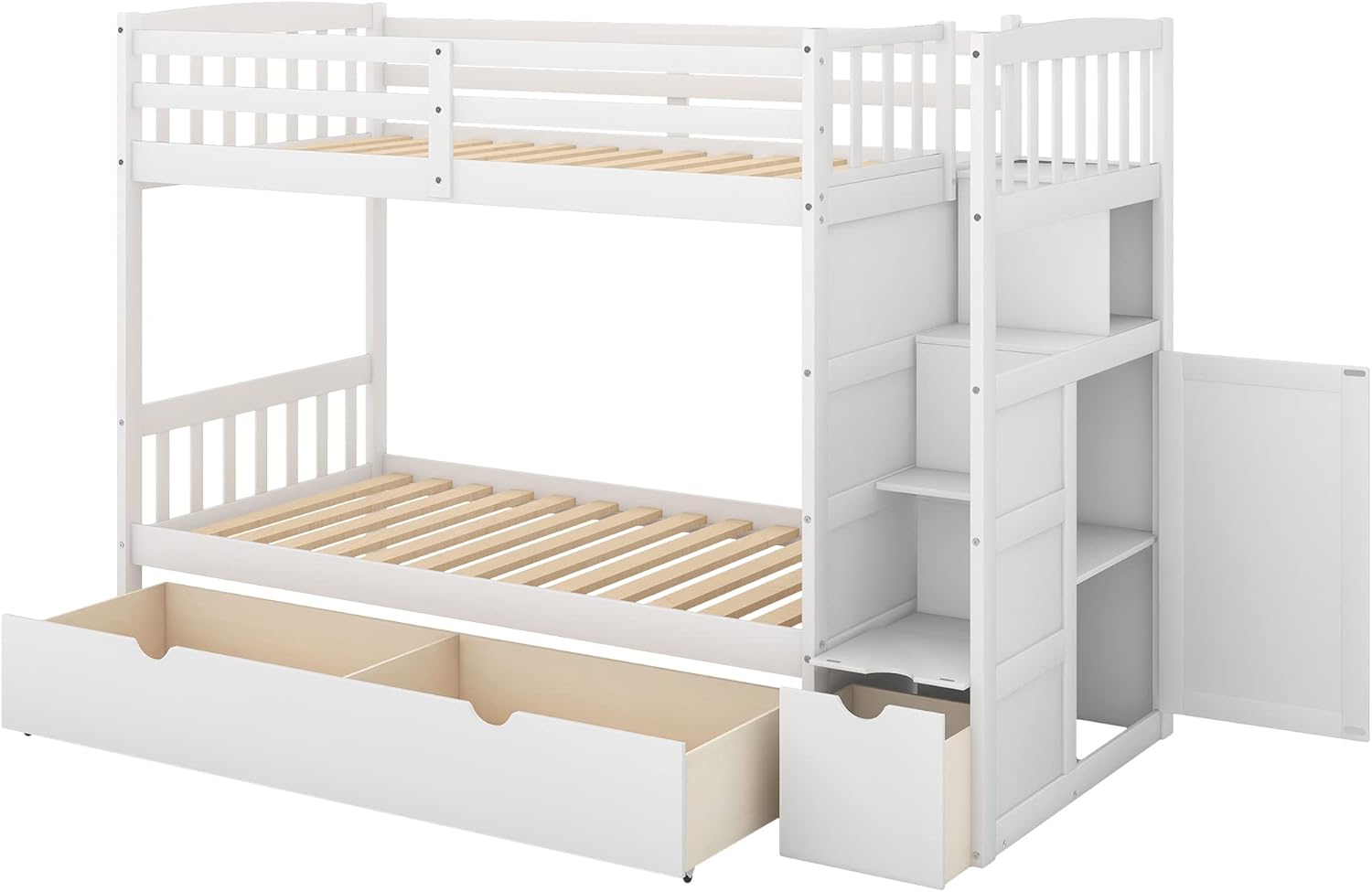 Harper & Bright Designs Twin Over Full/Twin Bunk Bed with 3 Drawers, 4 Storage and Cabinet Door, Twin-Over-Full Convertible Bottom Bed for Bedroom, Dorm, for Family, Kids, Teens, No Box Spring Needed