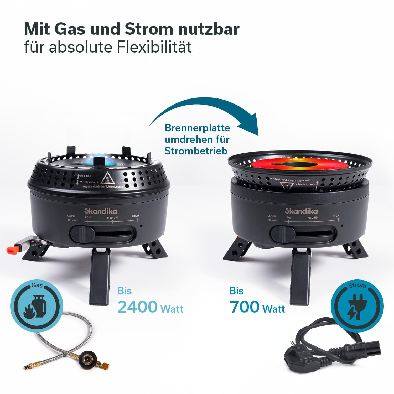 Skandika Fornello da campeggio Rask | Fornello da campeggio ibrido, 2 in 1, funzionamento a elettricità o gas, accensione piezoelettrica, con utensili da cucina (Set con base e borsa | nero)