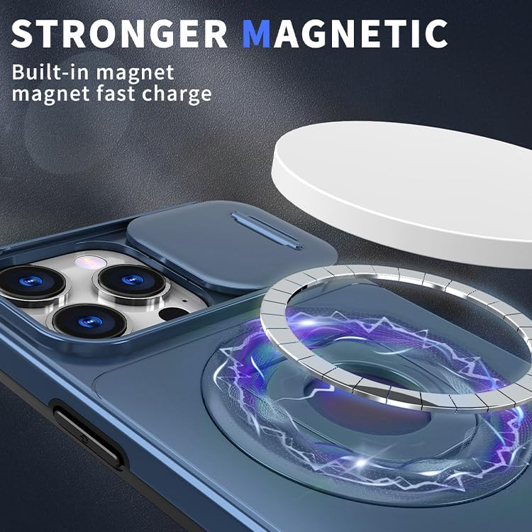 Image of LuxuryKase MagSafe Shockproof Rugged Back Case for iPhone 16 Pro | Finger Ring Kickstand & Sliding Camera Cover | Military Drop Protection | Wireless Charging Support - Blue