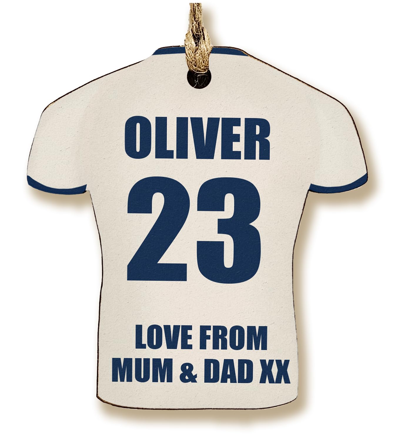 The Plum Penguin White + Navy Edge Customisable Football Shirt-Shaped Gift Tag Personalised Mdf Dad Grandad Keepsake Name And Number Team Colours Footy Fan (White + Navy Edge)