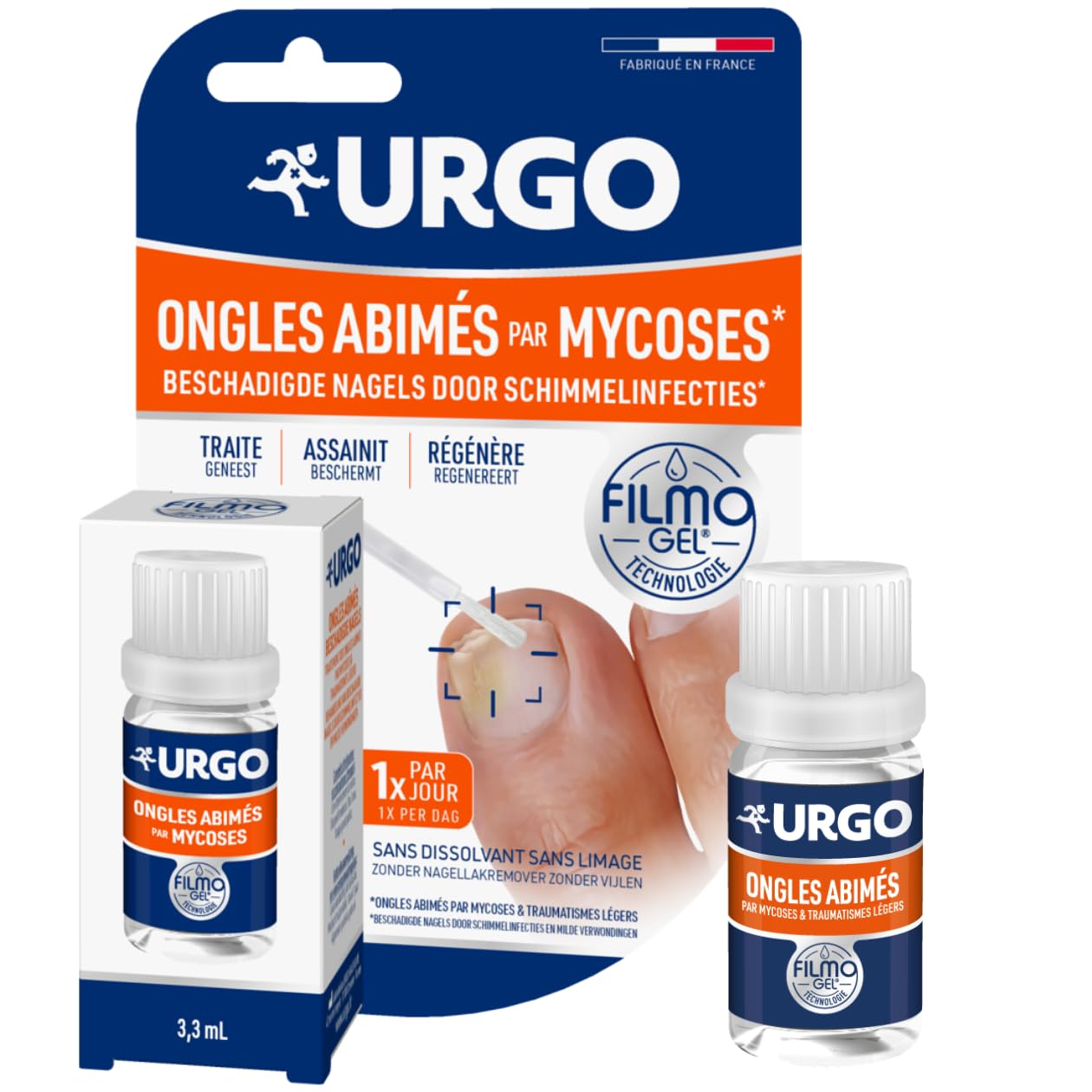 Urgo - Filmogel Ongles Abîmés par Mycose ou Traumatisme léger - Régénére et Renforce l'Ongle - Pinceau Applicateur - 3,​3 ml - Dès 3 ans