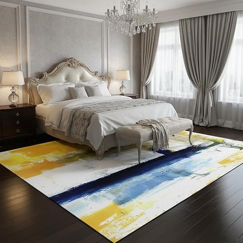 Miniatura 7 de Alfombra contemporánea moderna abstracta azul amarillo vibrante de 4 x 6 pies, alfombra estética de lana ultra suave para sala de estar, dormitorio,