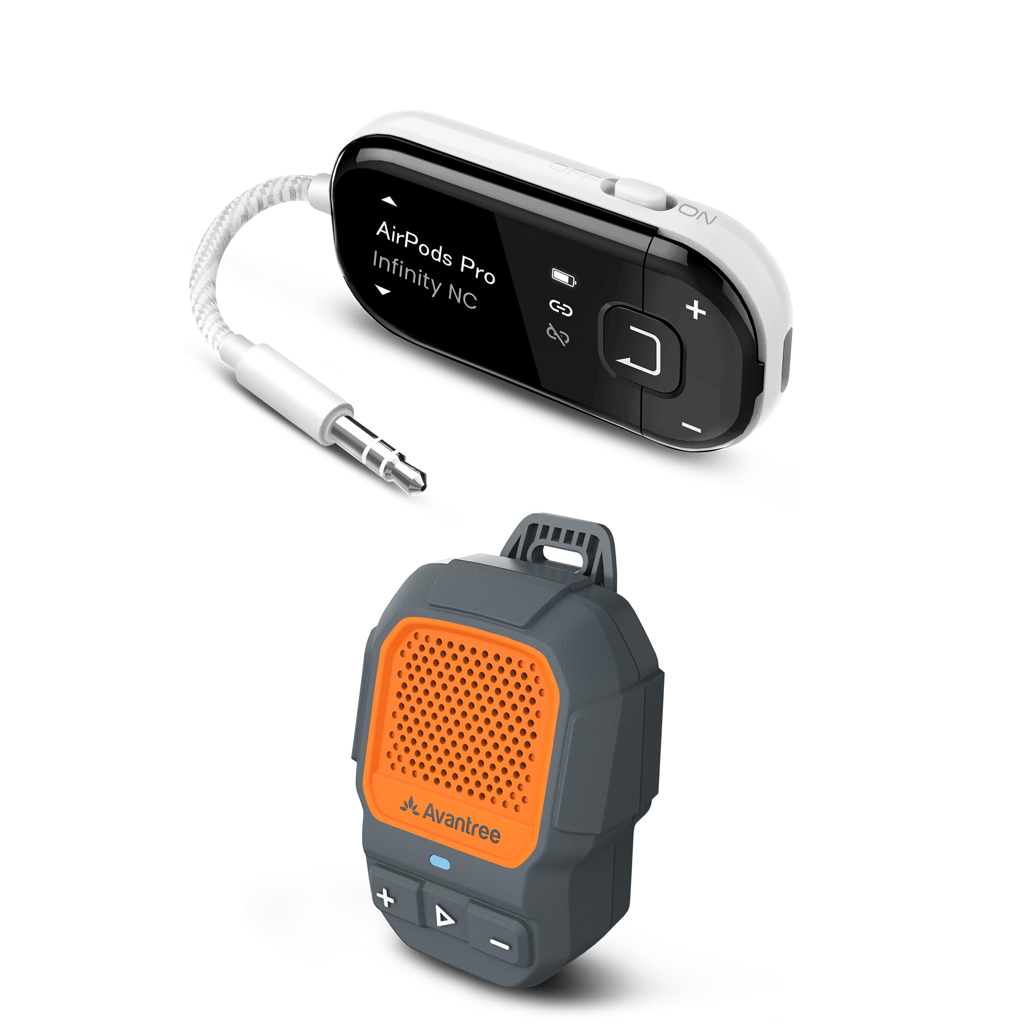 Avantree – Auracast Voyager Airplane Bluetooth Adapter + Clip-On Wearable Speaker (HomeBuddy) Bundle, Audio Sharing for Travel, Family, Hiking