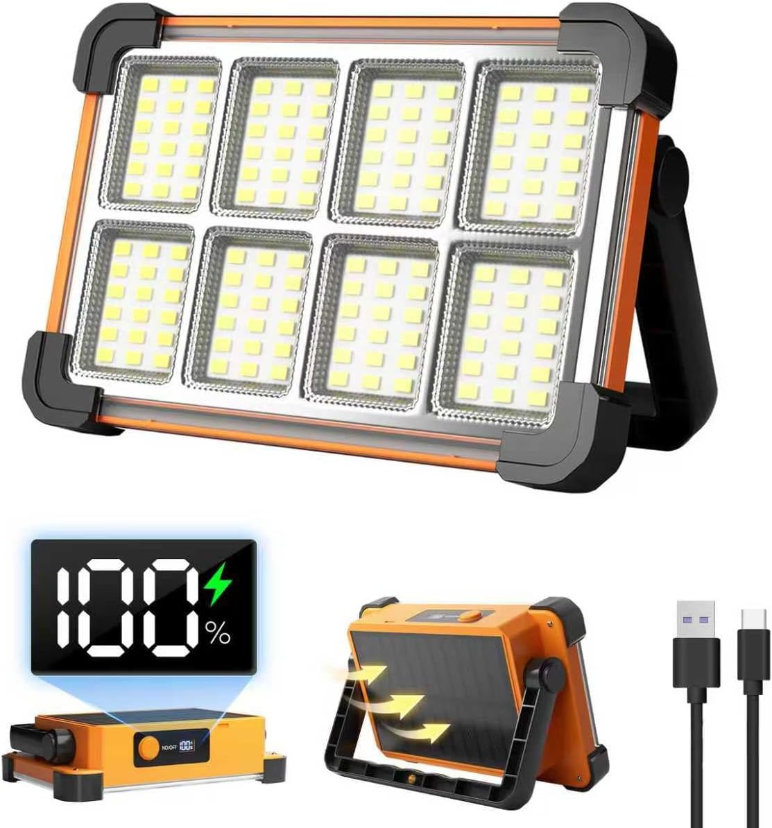 Solar Work Light Rechargeable Lamps Camping Light 120W 6000mAh 144 LED Outdoor Work Light for Emergency Mechanic Repairing Camping