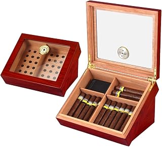Humidor Cigar Display Box with Glass Window Handcrafted, Handcrafted Cedar Humidor Cigar Box with Accurate Digital Hygrometer, Humidifier and Accessory Drawer, Holds