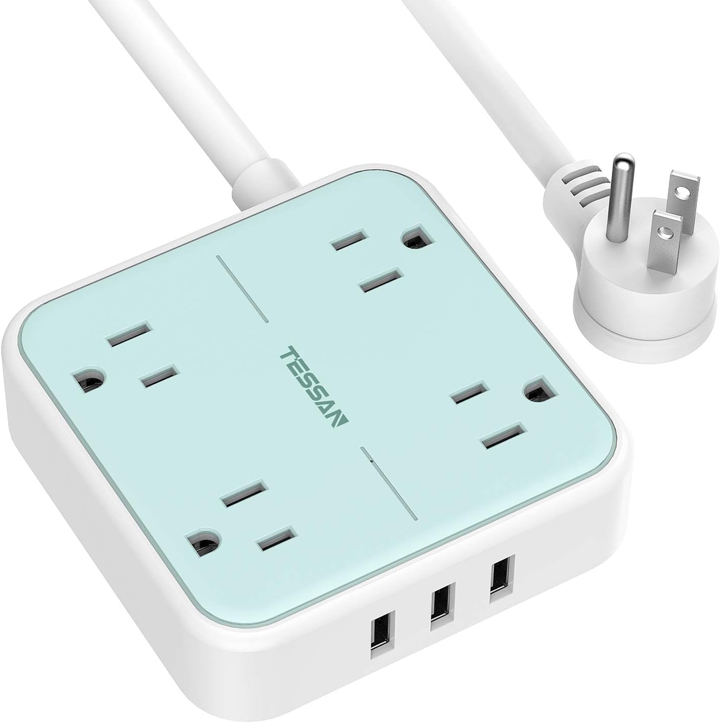 Power Strip with USB, TESSAN Mountable Extension Cord Flat Plug with 4 Widely Spaced Outlets, 3 USB Ports, 5 FT Power Cord, Compact Size Charging Station for Home Office, Green