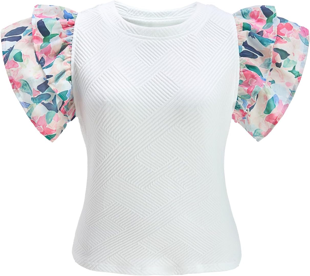 Women's Floral Ruffle Sleeve Tops Summer Crew Neck Dressy Casual T Shirts