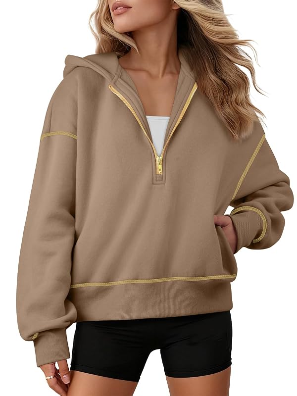 ATHMILE Womens Fall Hoodies Half Zip Sweatshirts Long Sleeve Cropped Hooded Pullover Winter Fashion Clothes 2025 Khaki by ATHMILE - Image 2