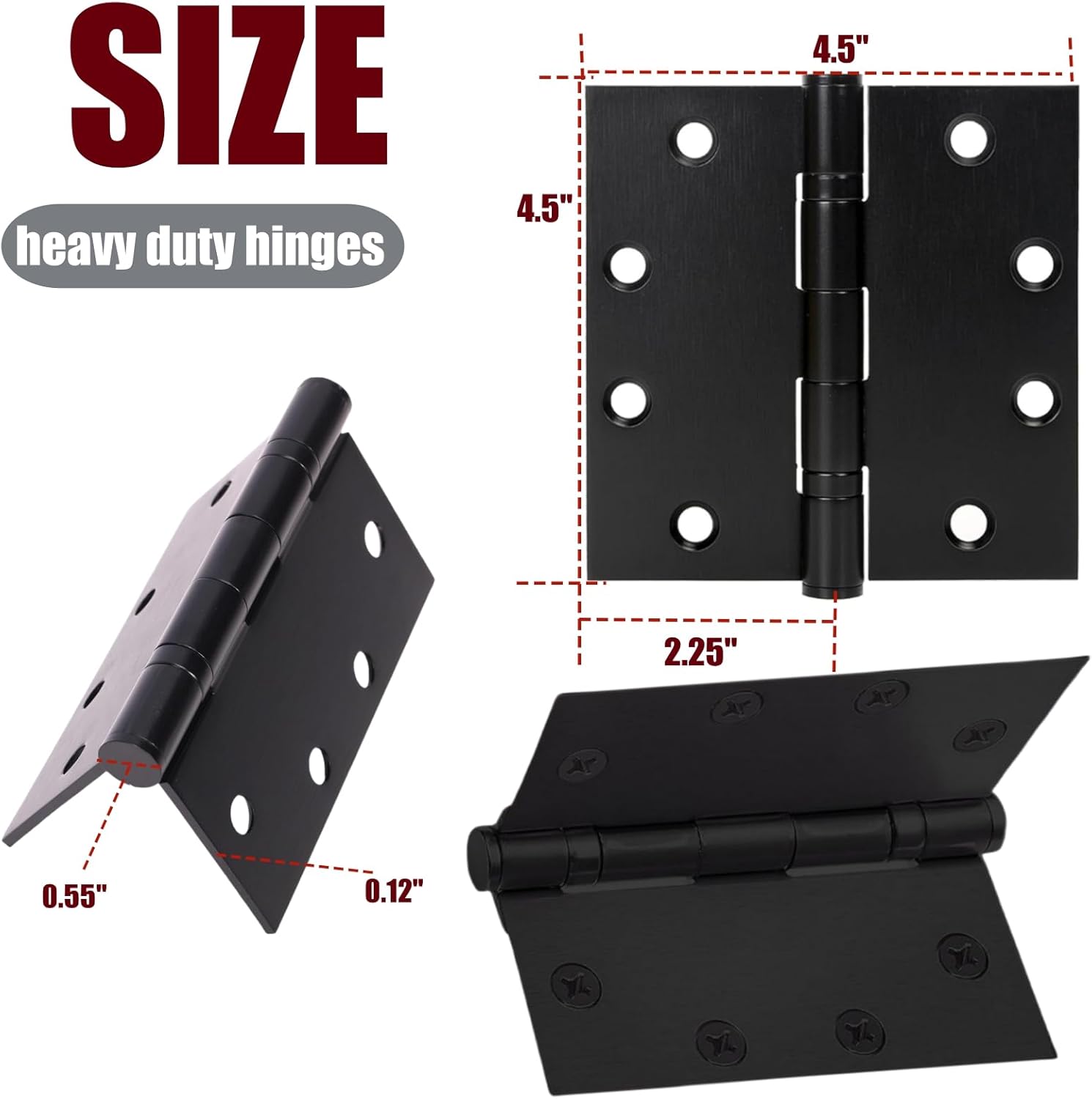 6Pcs 4.5 x 4.5 Inch Heavy Duty Door Hinges, Matte Black Commercial Door Hinges with Silent Steel Plain Ball Bearing, Thickness 3 mm 304 Stainless Steel Square Hinges with 48pcs Screws