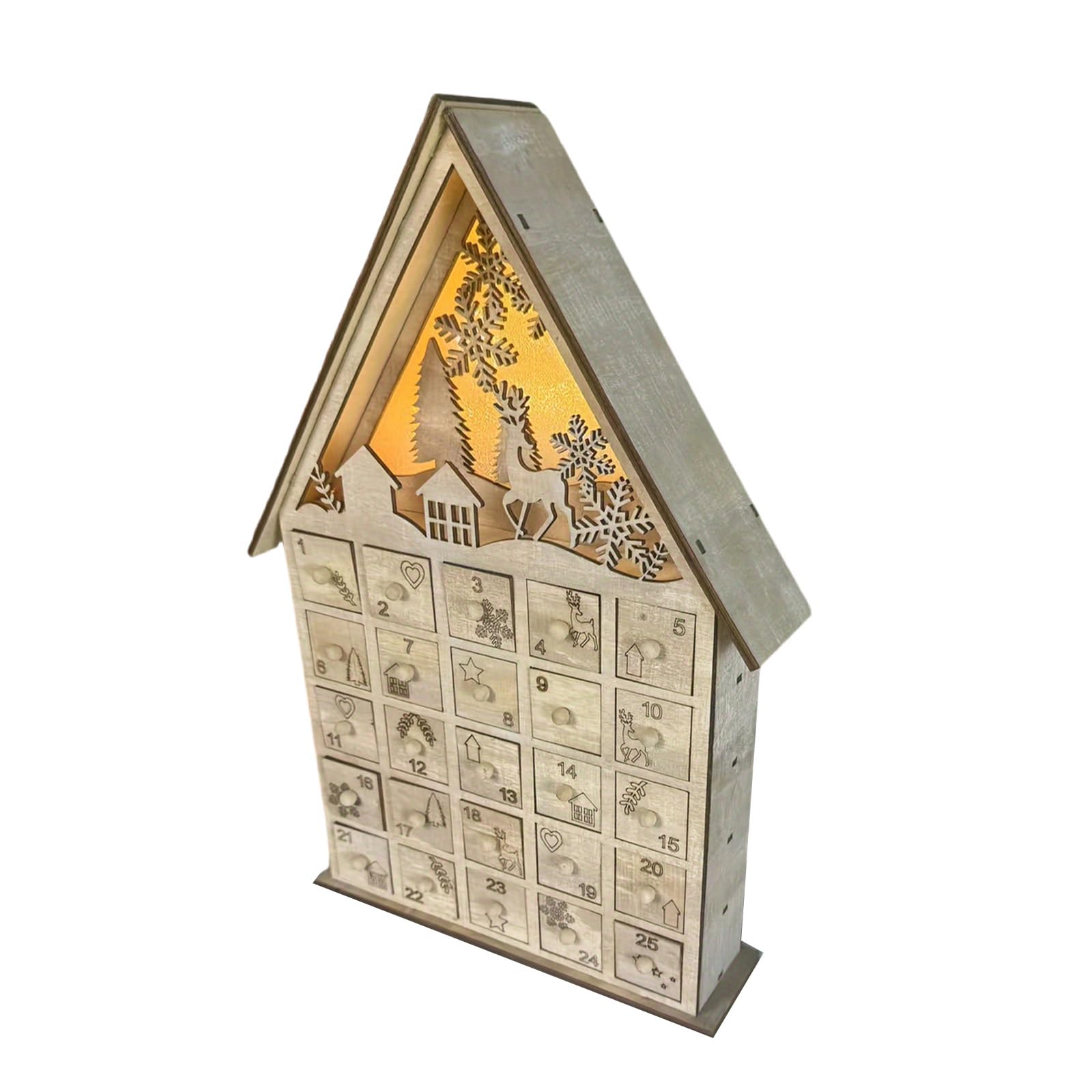 Festival Adventskalender Aus Geschnitztem Holz Beleuchteter Adventskalender Aus Holz Mit 24 Schubladen Und Weihnachtsbaum Rentier Dekorationen Einzigartige Weihnachten