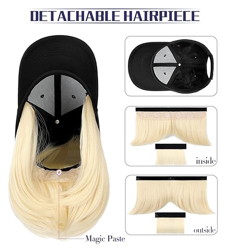 Miniatura 8 de Qlenkay Gorra de béisbol con extensiones de cabello recto, fleco corto, peinado ajustable, extraíble peluca y sombrero ,14 pulgadas para mujer y niña