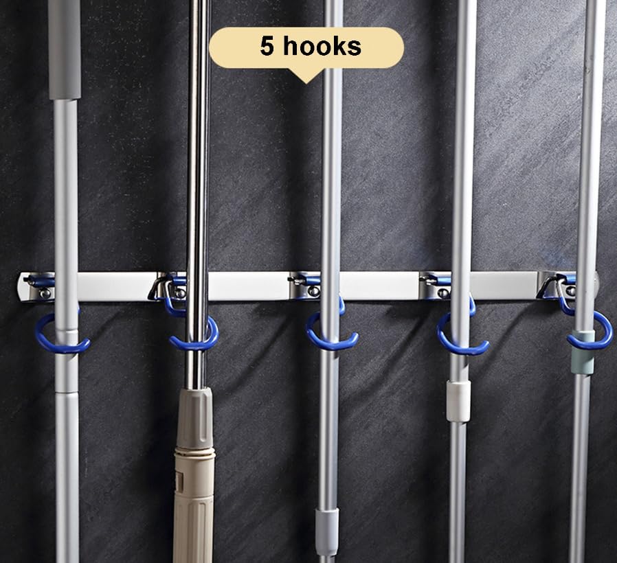 Soporte para Escoba fregona, Soporte de Pared for fregona y Escoba, Acero Inoxidable 304, Varios tamaños de Ganchos, Paquete de 7(5 Hooks)