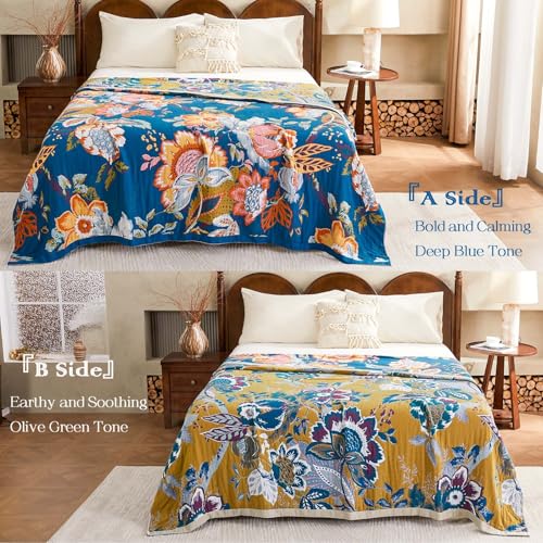 Image of XIBLC Boho Throw Blanket, Blue Lightweight Blankets for Summer, 100% Cotton Bohemian Decorative Throw Blanket, 60 inchx80 inch Reversible Muslin Breathable Woven Farmhouse Blankets Quilt,